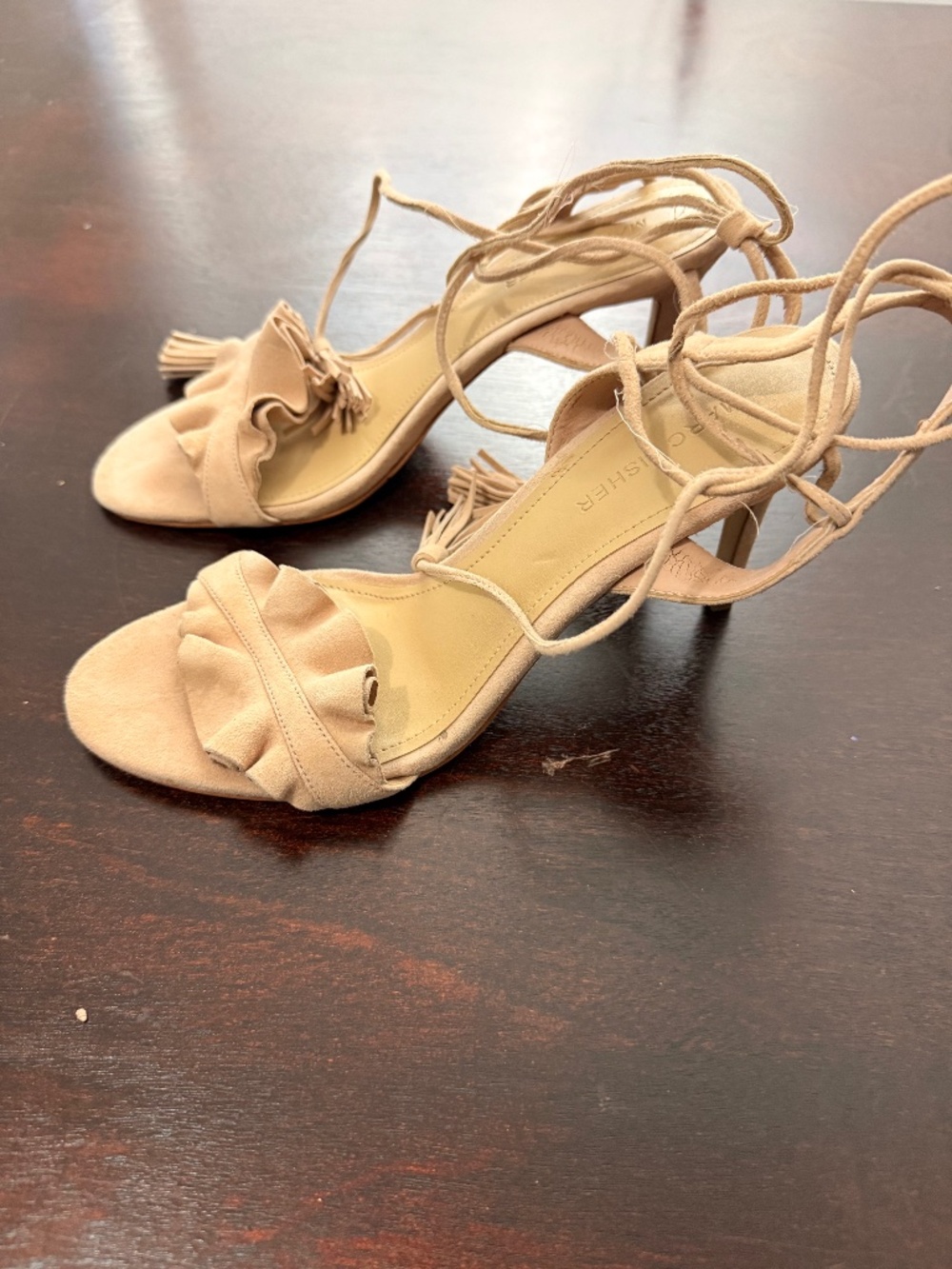 Marc Fisher Nude Suede Lace Up Ruffle Sandals Size 8.5